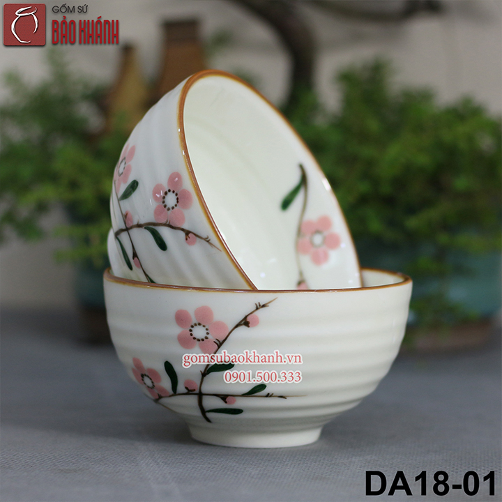 Bát ăn cơm men kem vẽ hoa đào - bộ bát cơm, chén cơm, chén ăn cơm cao cấp