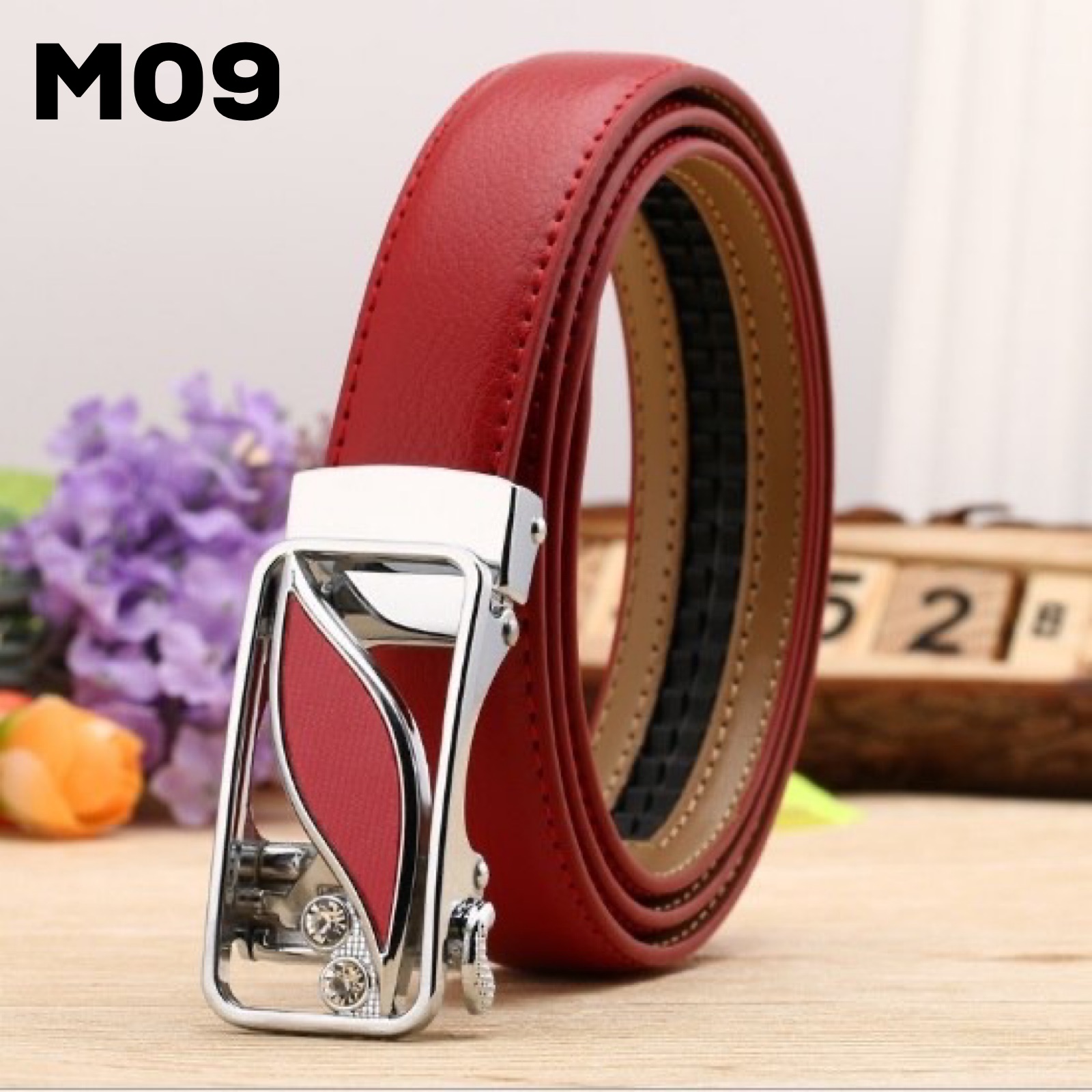 Thắt lưng nữ da bò khoá tự động - Màu đỏ