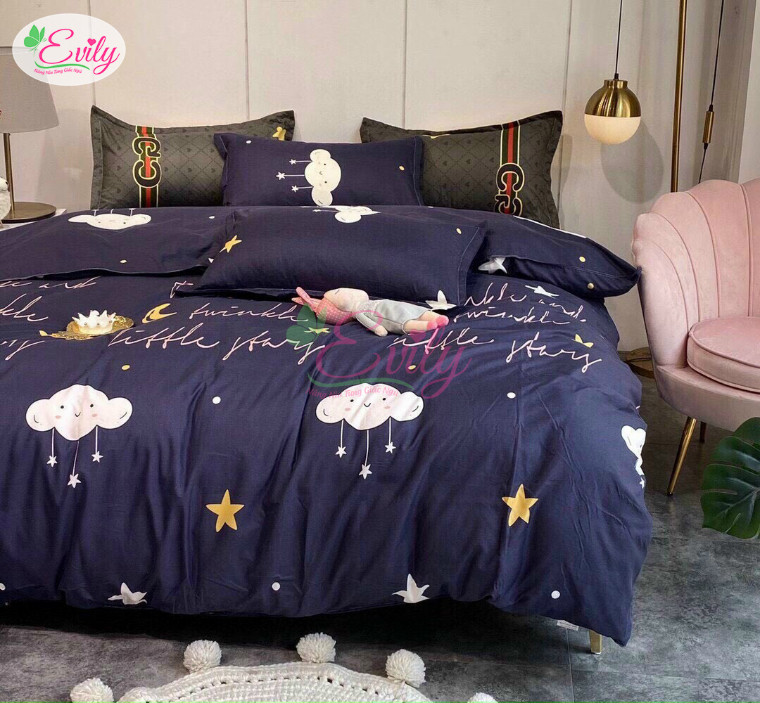 Trọn bộ chăn, mền, ga gối cotton poly mẫu sao rơi thương hiệu evily. dễ thương. các mẫu mới nhất, sang trọng, tinh tế mã pln001