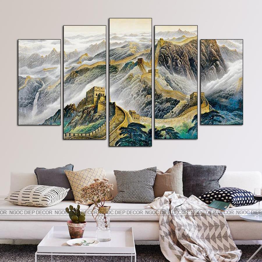 Tranh dán tường phòng khách vạn lý trường thành 3D, tranh phong thủy tài lộc