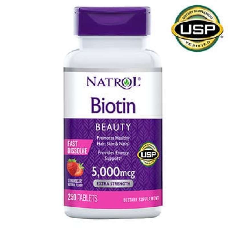 Viên ngậm nhai Natrol Biotin 5,000mcg Extra Strength 250 viên Beauty Fast Dissolve vị dâu của Mỹ - Hỗ trợ tóc móng khỏe biotin 5000 mcg