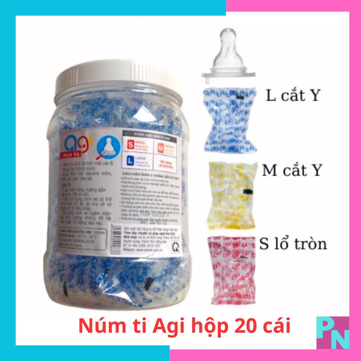 Hộp 20 cái núm vú cổ hẹp Agi núm ti siêu mềm chống sặc chống đầy hơi cho bé có đủ size S M L
