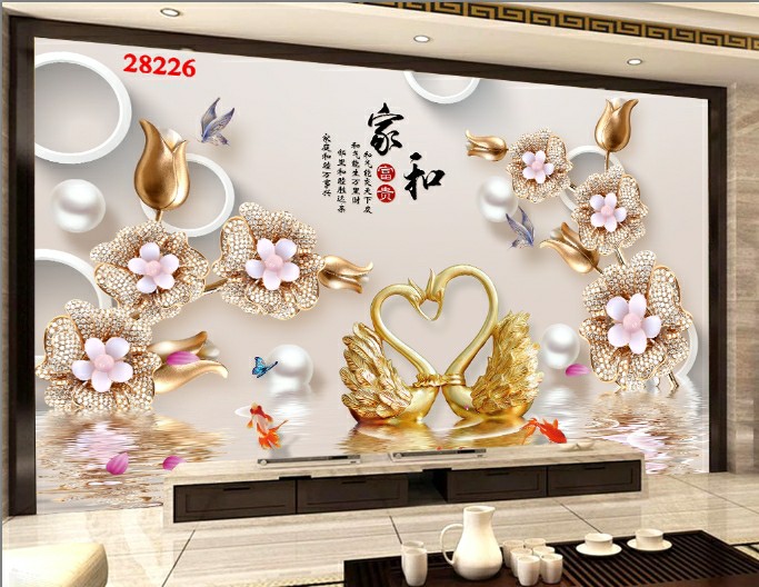 Tranh dán tường thiên nga bông hoa 3d trang trí nhà cửa phòng khách phòng ngủ giá rẻ đẹp chất liệu decal pp keo sẵn bóc dán PA