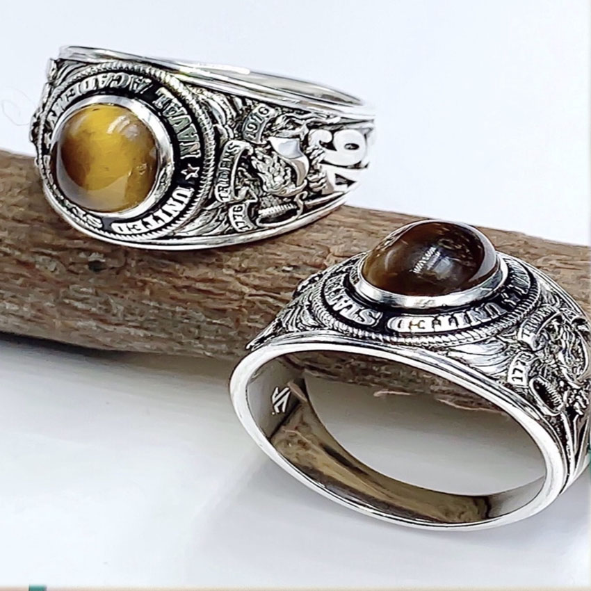 Nhẫn mỹ bạc 925 nguyên chất không pha tạp-in năm 1976,điêu khắc tinh xảo,đá mắt hổ,topaz vân bóng sáng-caraven-silver-cs069-nhan my,nhẫn mỹ,nhẫn nam,nhan nam