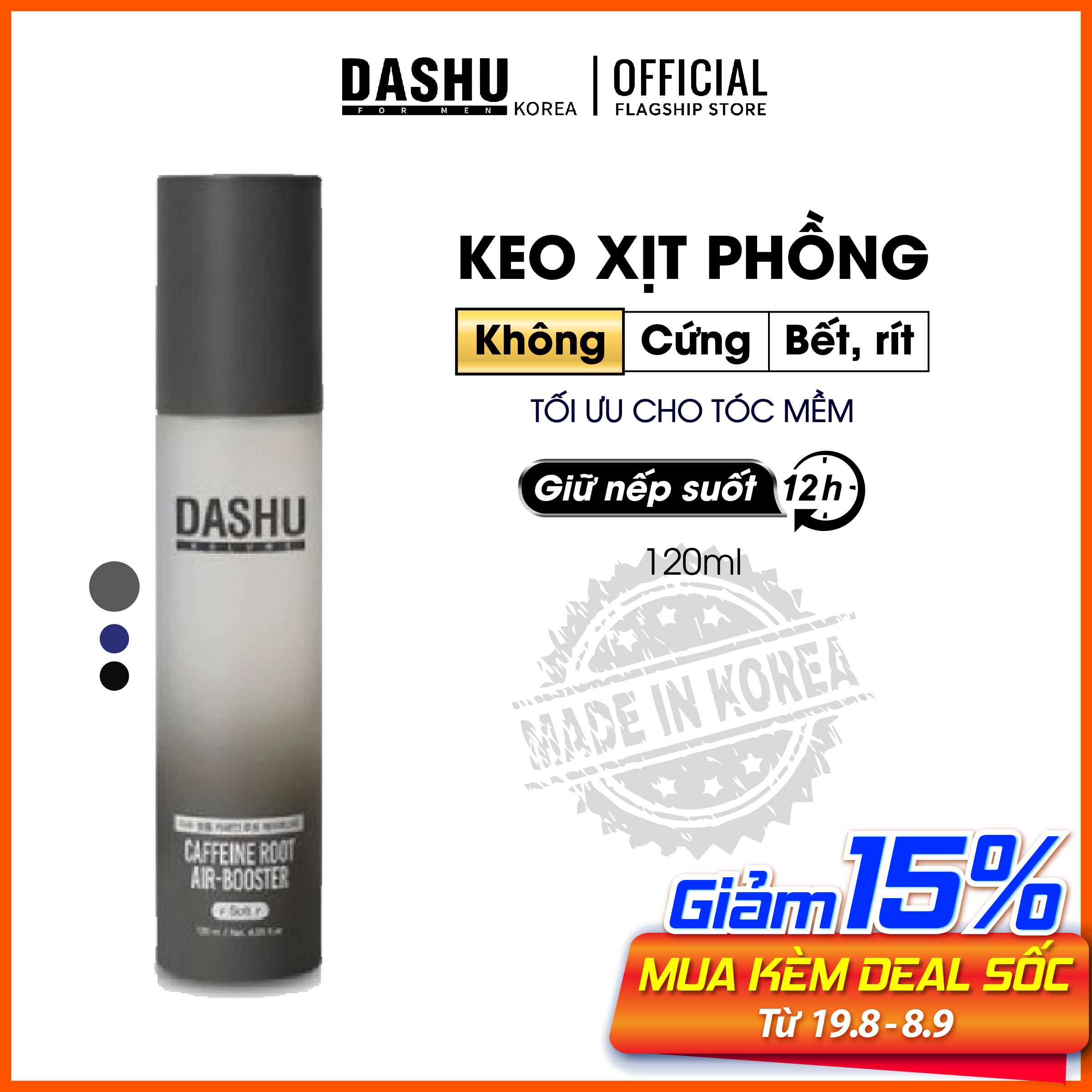 Keo xịt tóc Nam/Nữ tạo kiểu dùng cho tóc mỏng, tóc dài Dash Volume Caffeine Root Air Booster 120ml (Soft), keo vuốt tóc, làm phồng tóc triết xuất từ 14 loại thảo dược nuôi dưỡng nang tóc, giúp tóc khỏe mạnh và dầy hơn.