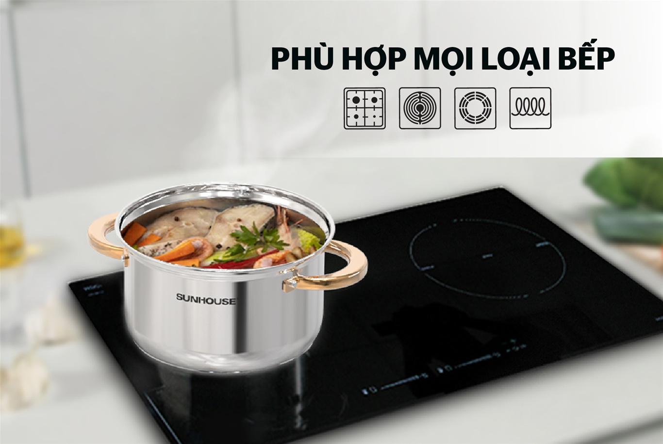 Bộ nồi chảo inox 5 ĐÁY SUNHOUSE SHG789 + tặng dao làm bếp màu đen