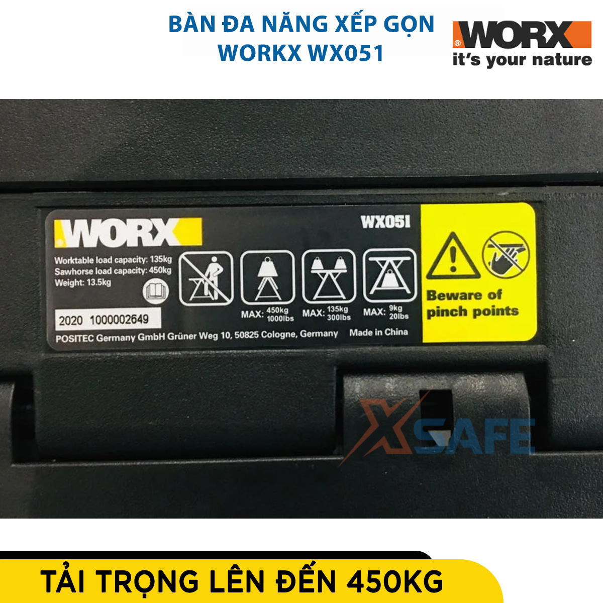 Bàn làm việc đa năng xếp gọn WORX WX051 tải trọng lên đến 450kg, dễ dàng gấp gọn di chuyển, mặt bàn rộng dễ thao tác, có hộp đựng đồ nghề