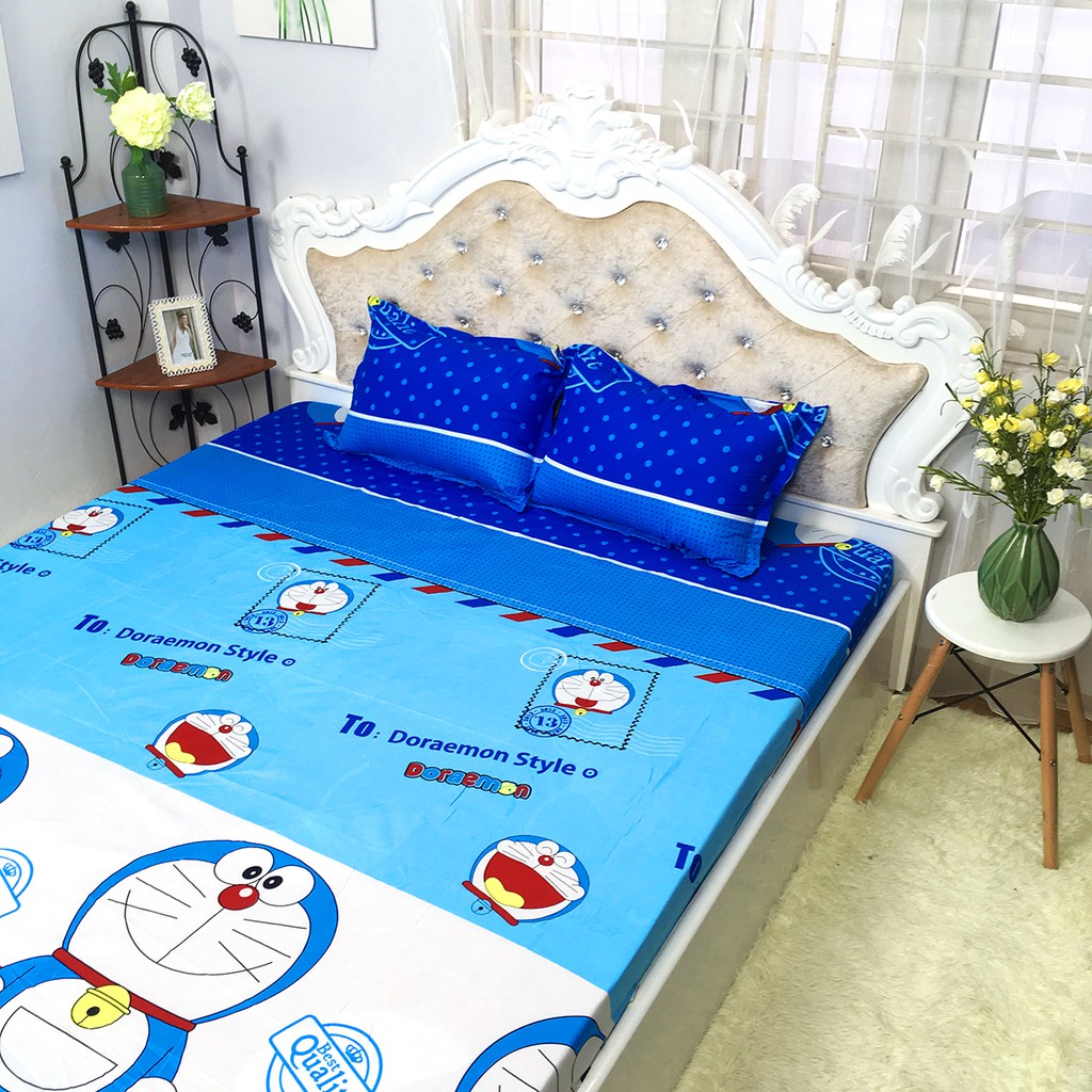 Bộ Ga Gối Cotton Poly Mẫu DORAEMON TEM THƯ siêu cute