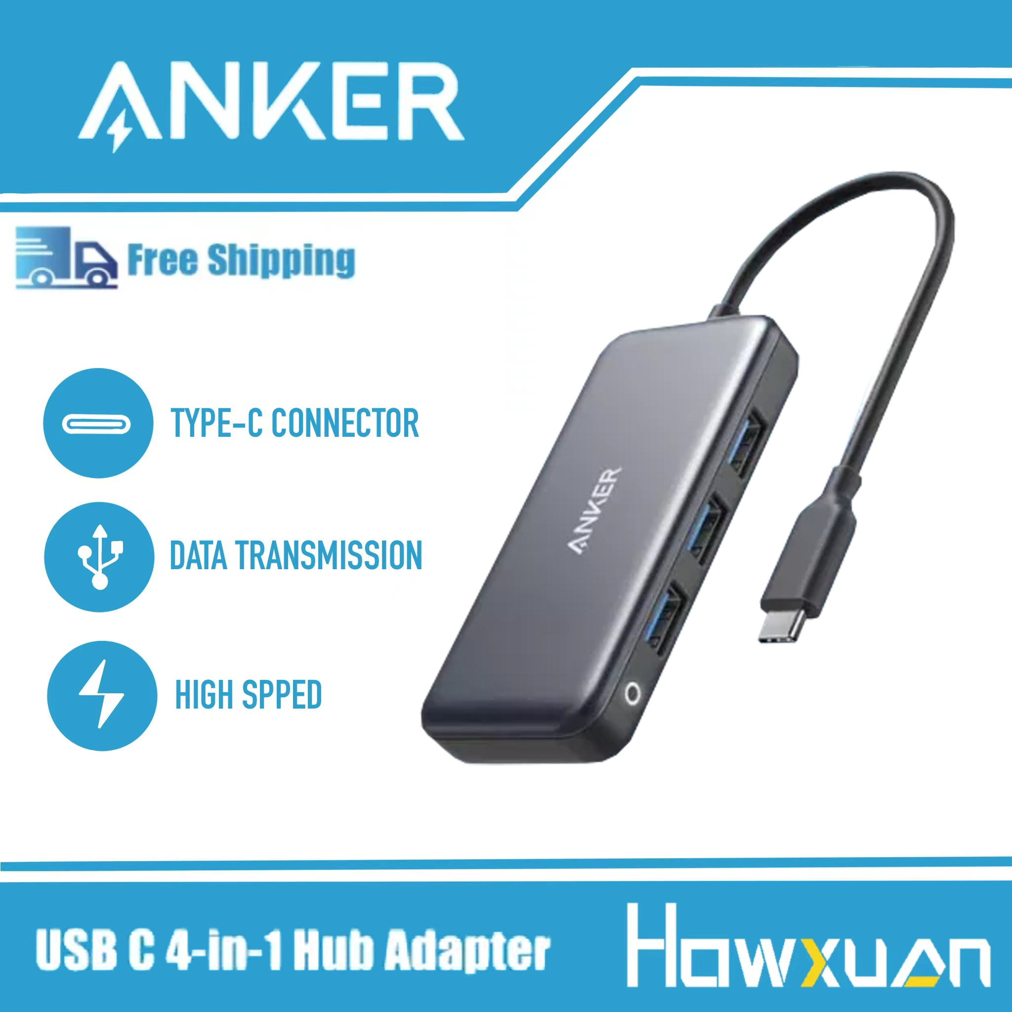 Anker a8321 premium 4-in-1 usb c hub adapter with 60w power delivery, 3 usb 3.0 ports, for macbook pro 2016/2017/2018, chromebook, xps and more