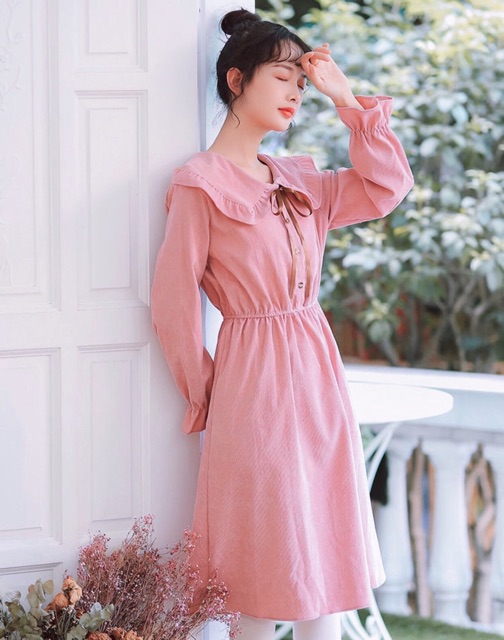 [HCM]Đầm hồng cổ bèo tay dài