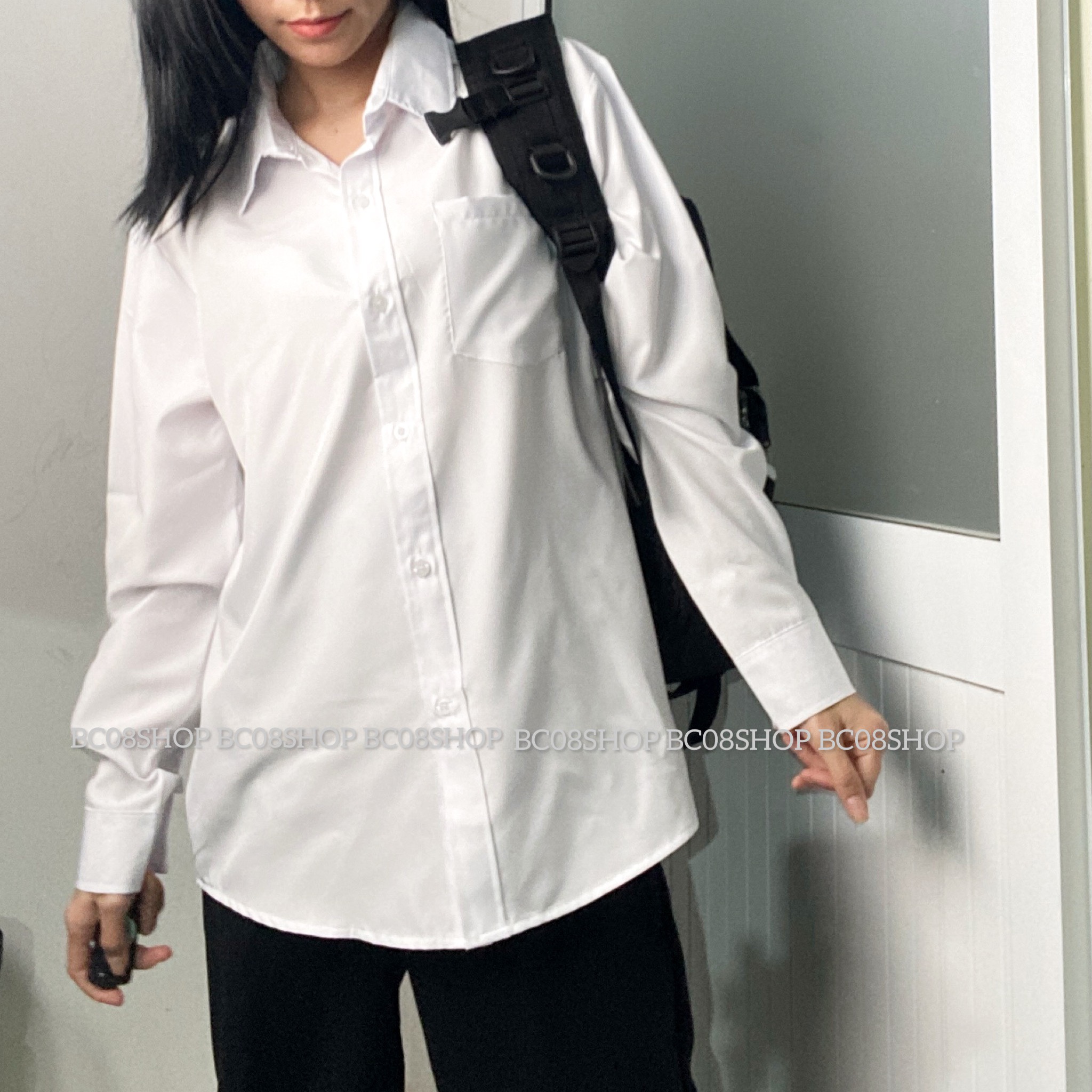 [HCM]Áo Sơ Mi Trắng Tay Dài Túi Basic Phong Cách Unisex BC047