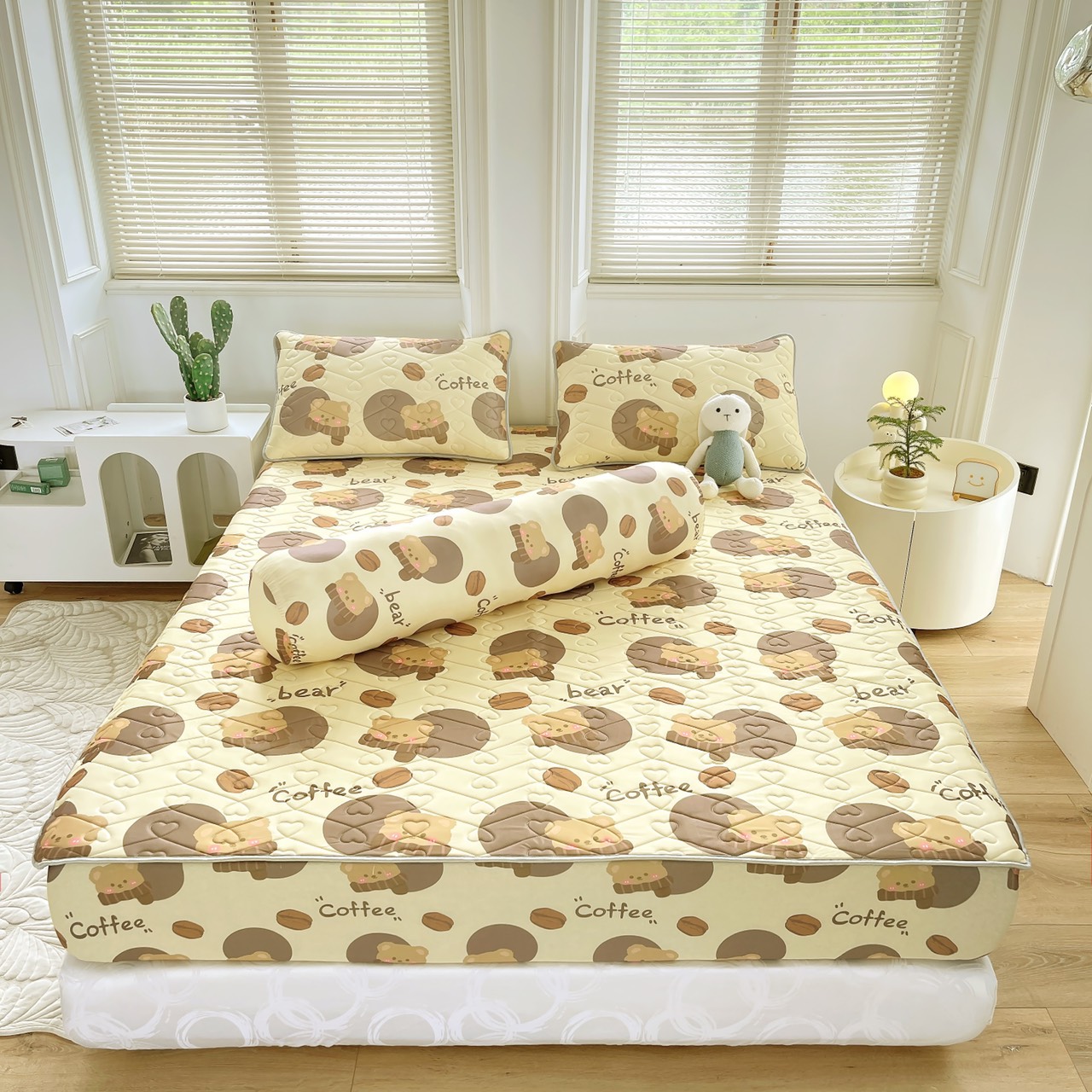 Chiếu điều hòa cao su non bọc chun, set 4 món chiếu cao su non bọc đệm cao từ 5cm đến 30cm
