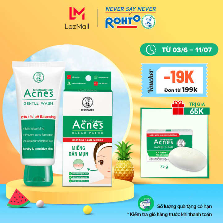 Bộ sản phẩm Acnes sạch mụn sưng đỏ (da khô/da nhạy cảm) (Gel rửa mặt Acnes Gentle Wash 100g + Miếng dán mụn 3 tác động Acnes Clear Patch 24 miếng)…