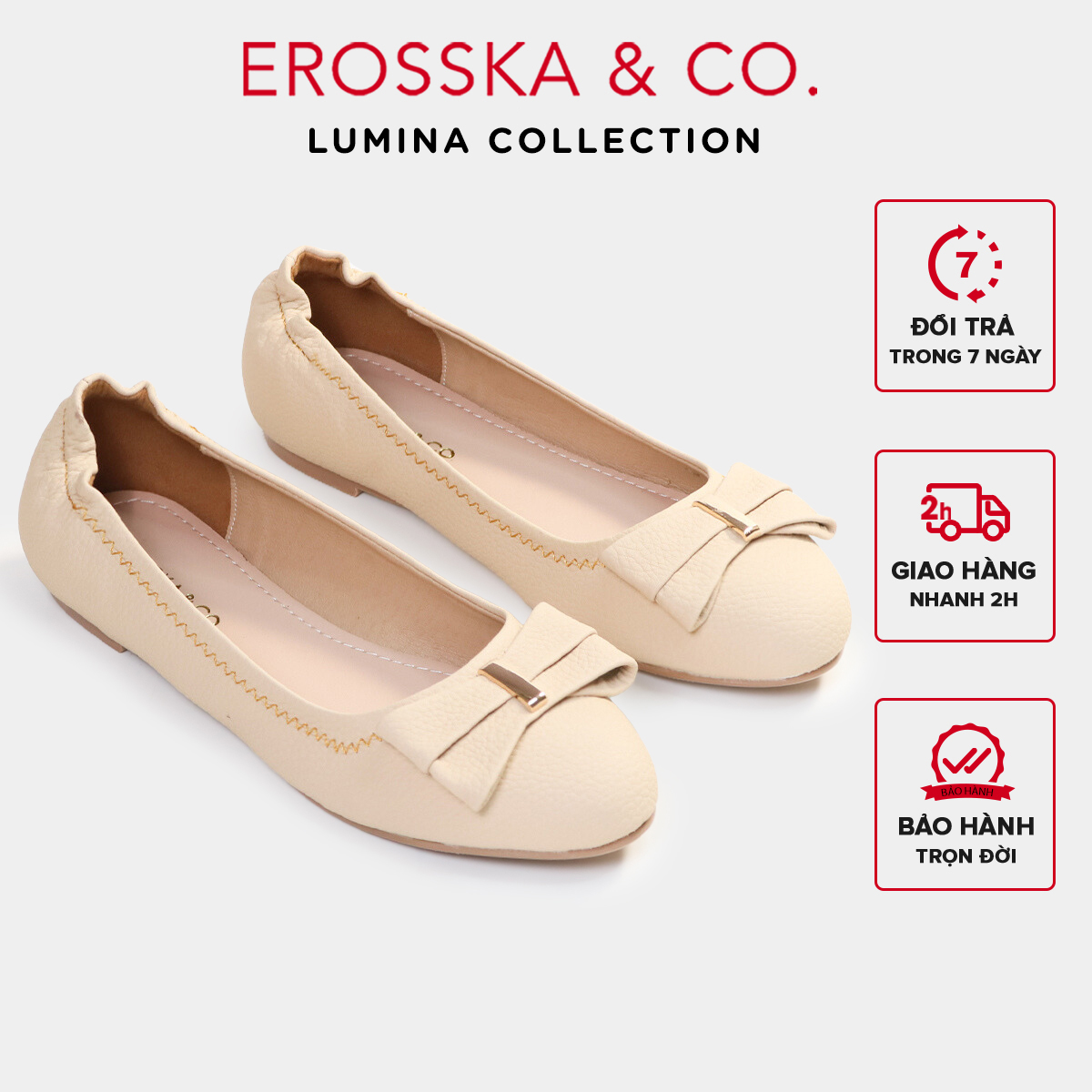 Erosska Lumina - Giày búp bê nữ đế bệt mũi tròn đính nơ xinh xắn màu kem - EF020