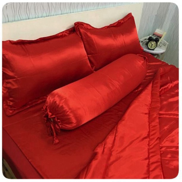 Bộ 4 Món Ga Gối Phi Lụa AT HOME Mát Mịn - Đỏ Tươi