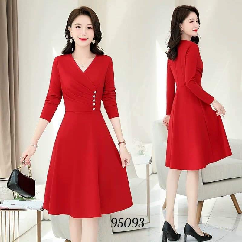 ĐẦM VÁY DỰ TIỆC ĐÍNH NÚT CỔ V EO XẾP LY ĐỦ SIZE