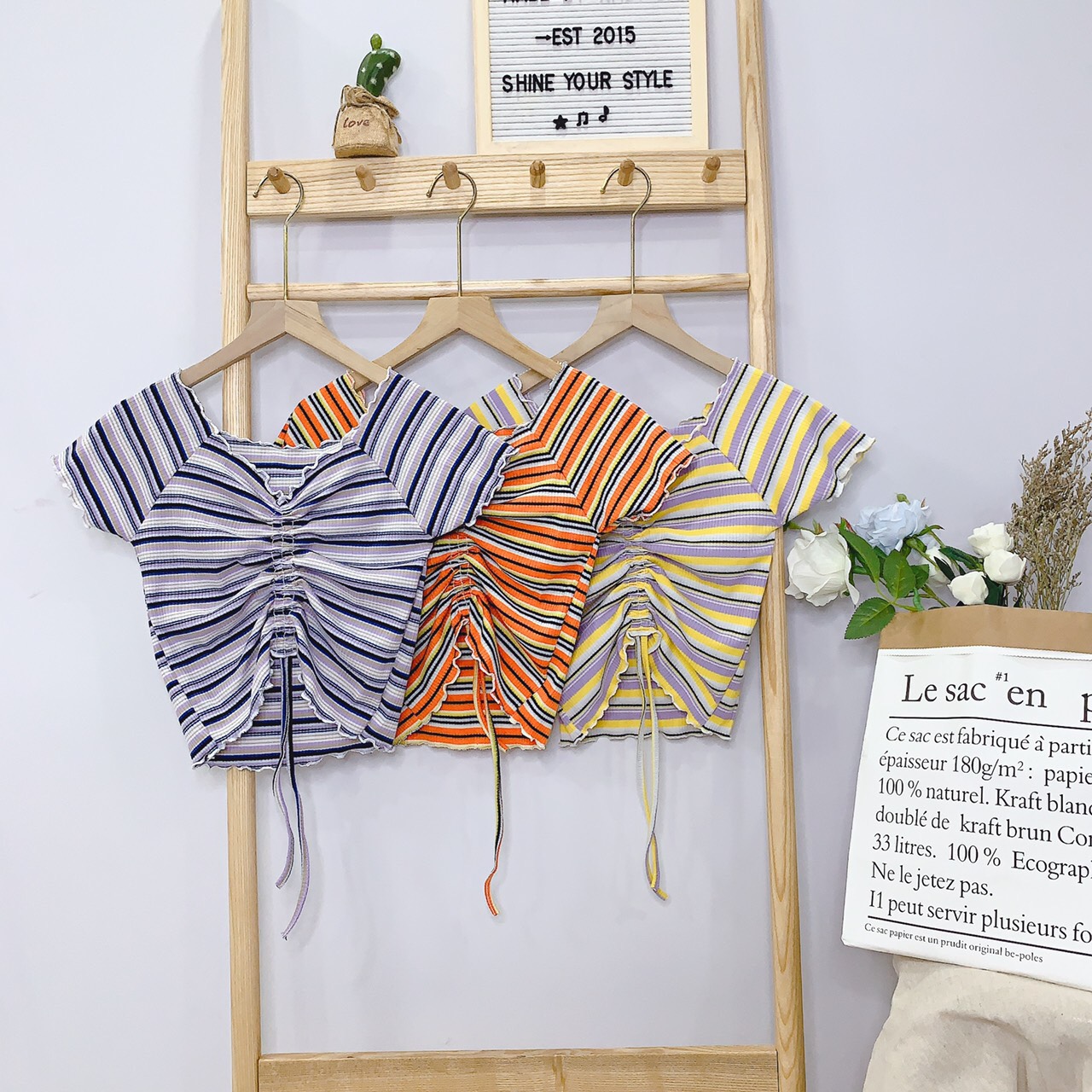 Áo kiểu sọc màu rút dây giữa xinh