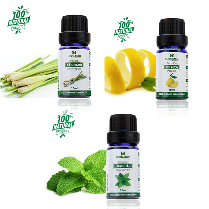 [HCM]Combo 3 Tinh Dầu Lorganic: Tinh Dầu Sả Chanh (10ml) + Tinh Dầu Bưởi (10ml) + Tinh Dầu Bạc Hà Nguyên Chất (10ml)