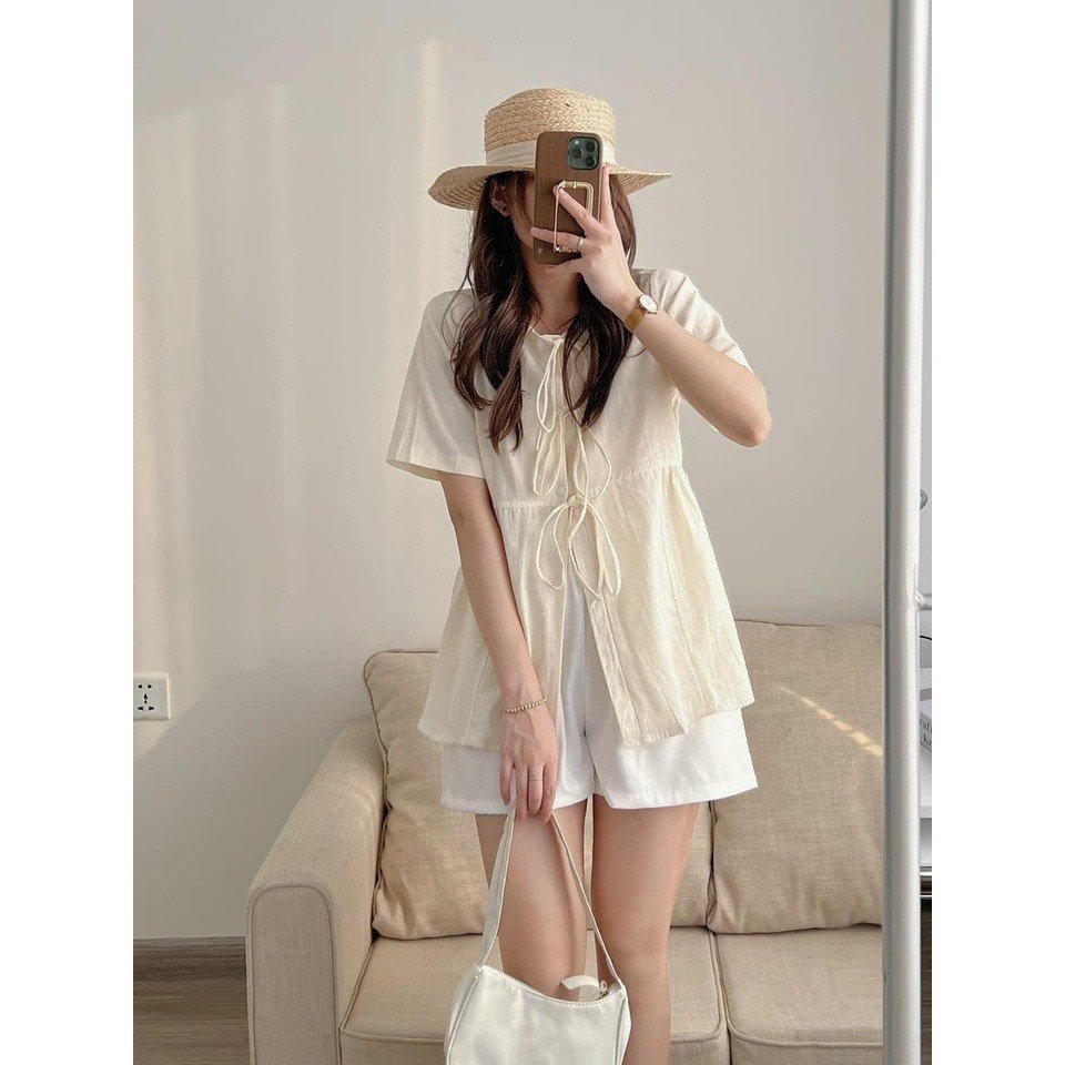 Áo sơ mi babydoll cộc tay buộc dây nơ 2 màu xinh xắn