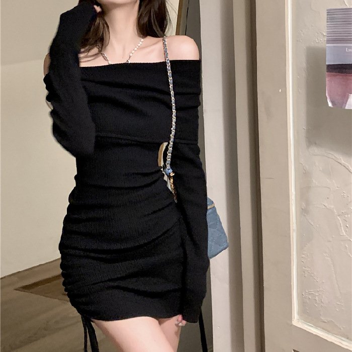 Váy len trễ vai rút hông, đầm body thời trang 2 màu phong cách nhẹ nhàng quyến rũ cho nữ Mocshop