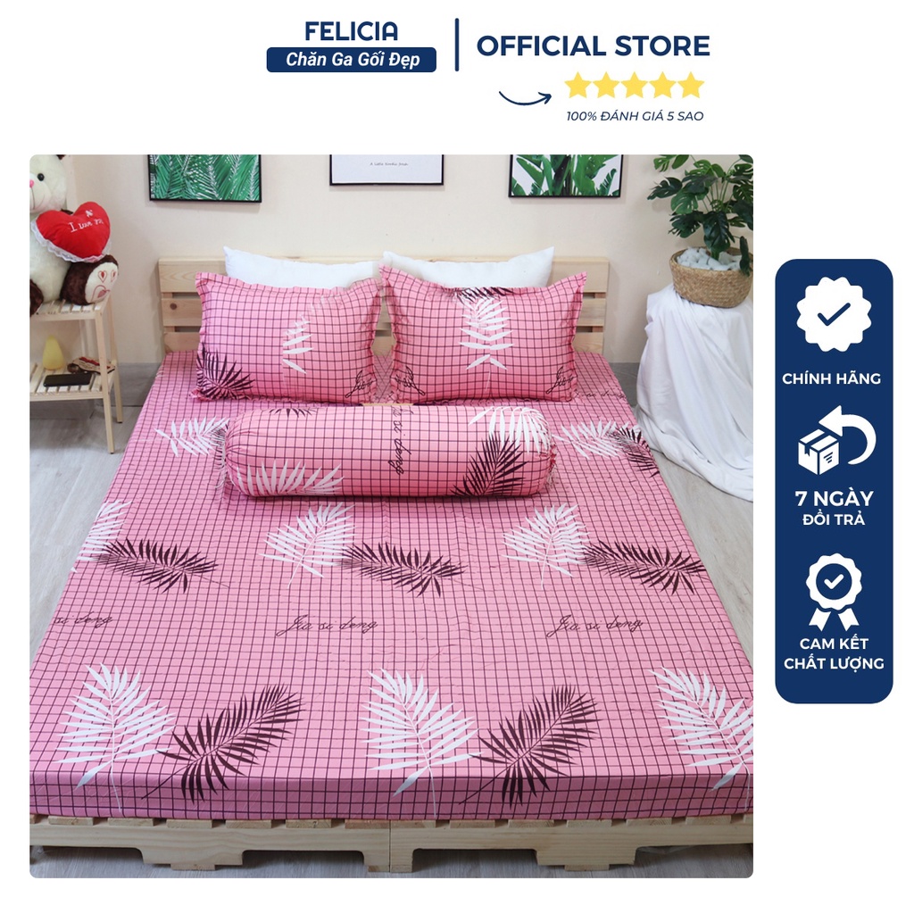 Bộ ga gối felicia 3 món mẫu me hồng m2/m6/m8/2m2, 1 drap bo chun + 2 vỏ gối poly cotton