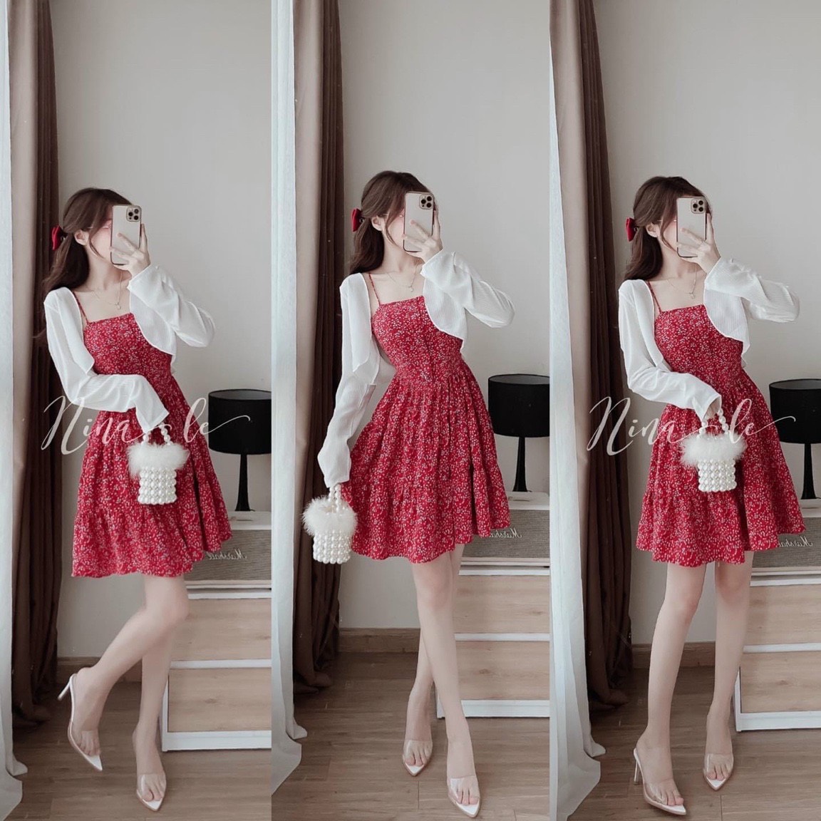 Sét áo khoác thun gân kèm đầm 2 dây lụa hoa nhí siêu xinh