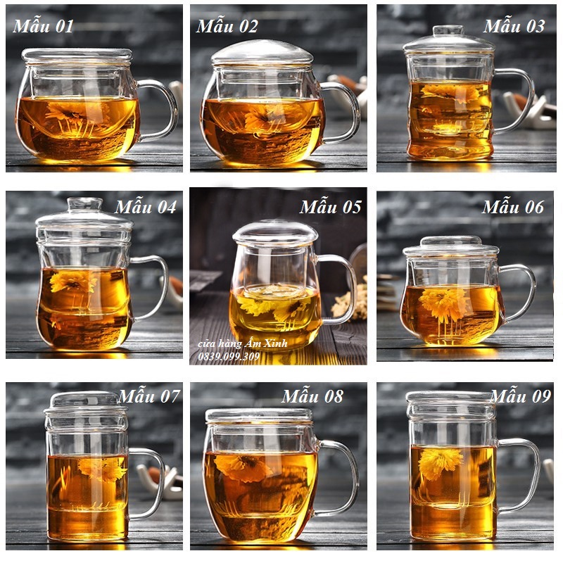 Ly cốc thủy tinh có lọc trà và nắp đậy