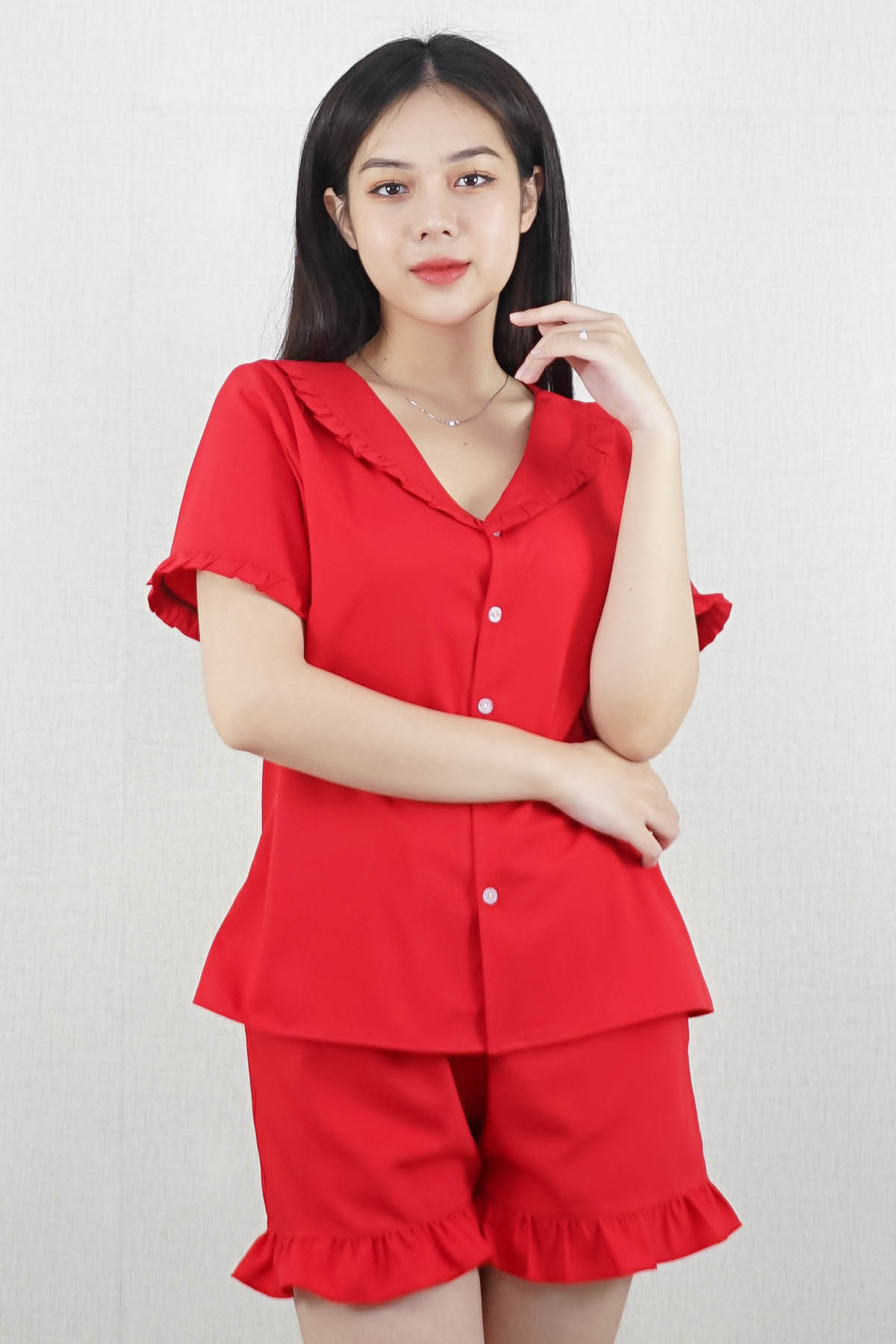 Bộ đồ pijama nữ quần ngắn tay ngắn màu đỏ cổ sen bèo - vải lụa pháp cao cấp - cực kì dễ thương