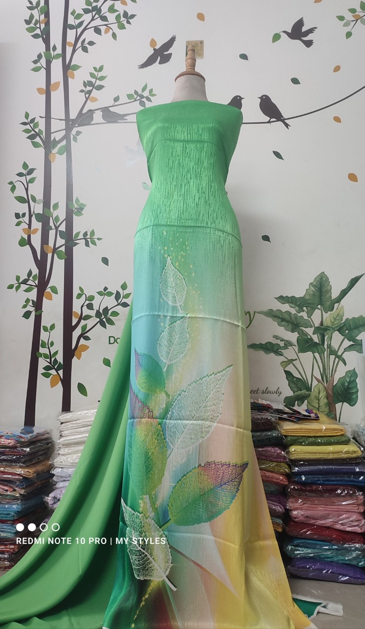 Vải áo dài cao cấp in KTS 3D lá đa sắc độc đáo - gấm lụa vân pháp