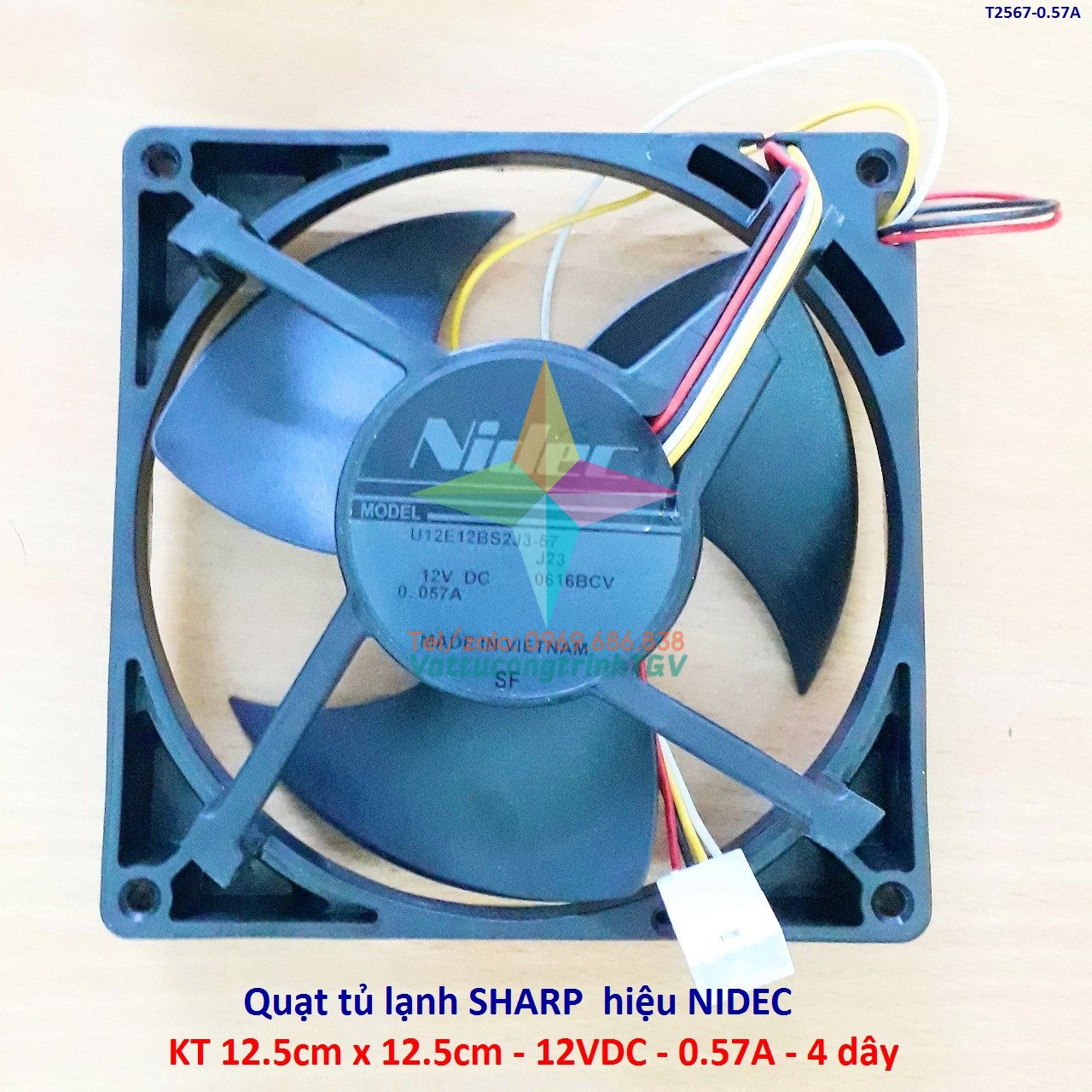 Quạt tủ lạnh SHARP NIDEC 12VDC-0.57A-4 dây-3 cánh, KT12.5x12.5cm