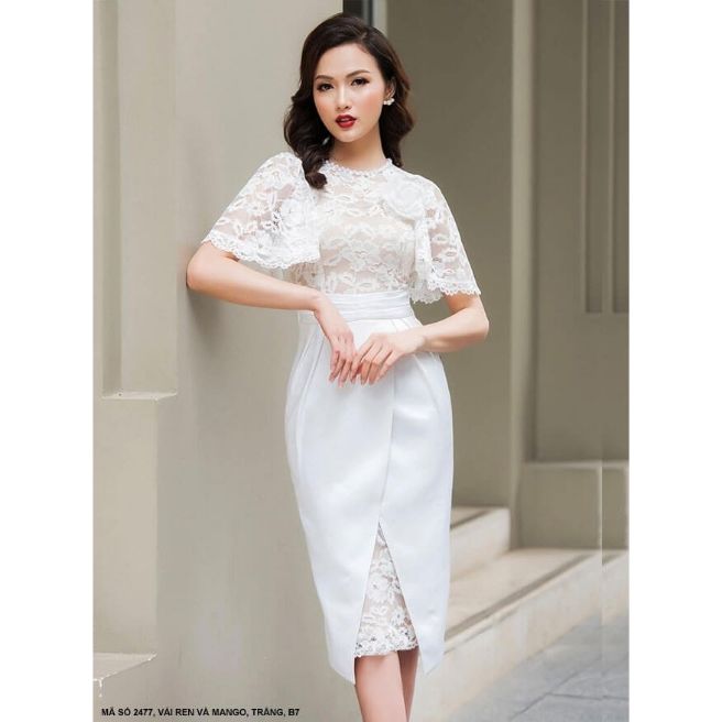 Đầm ôm body trắng phối ren sang trọng