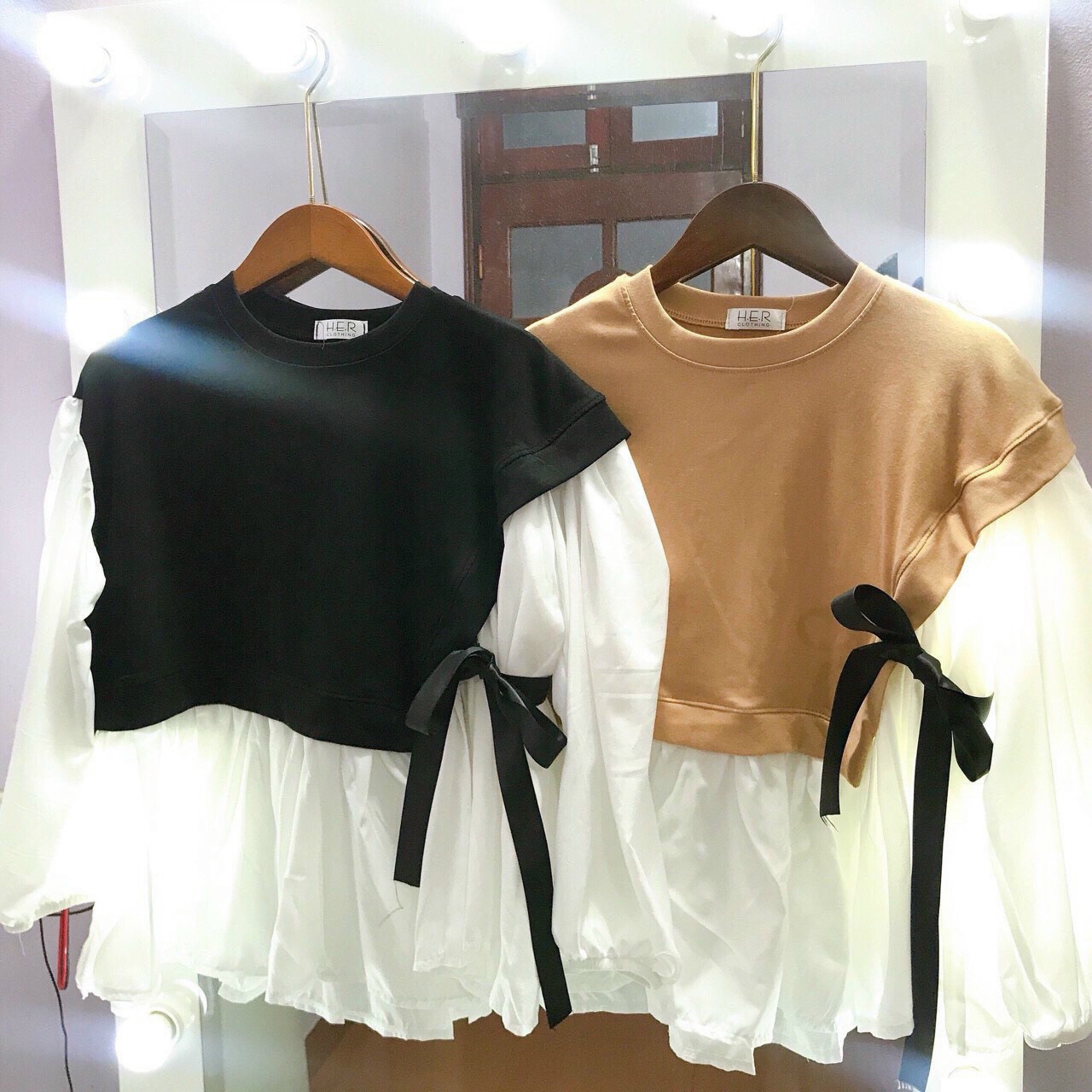 ÁO BABYDOLL CỘT NƠ EO PHỐI MÀU TRẮNG ĐEN MC
