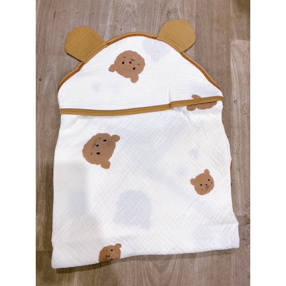 Chăn choàng ủ xô muslin mipbi 4 lớp có mũ thoáng mát mềm mịn cho bé sơ sinh