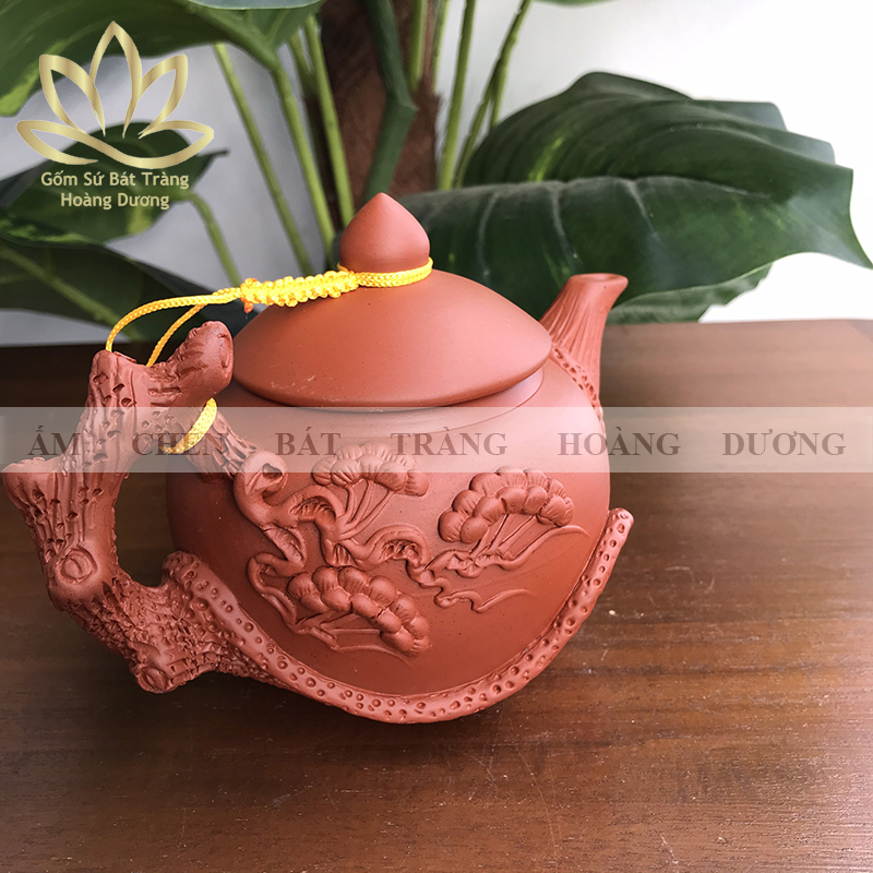 (Hàng nghệ nhân) Ấm pha trà Bát Tràng đất nung tử sa cây tùng 400ml màu đỏ