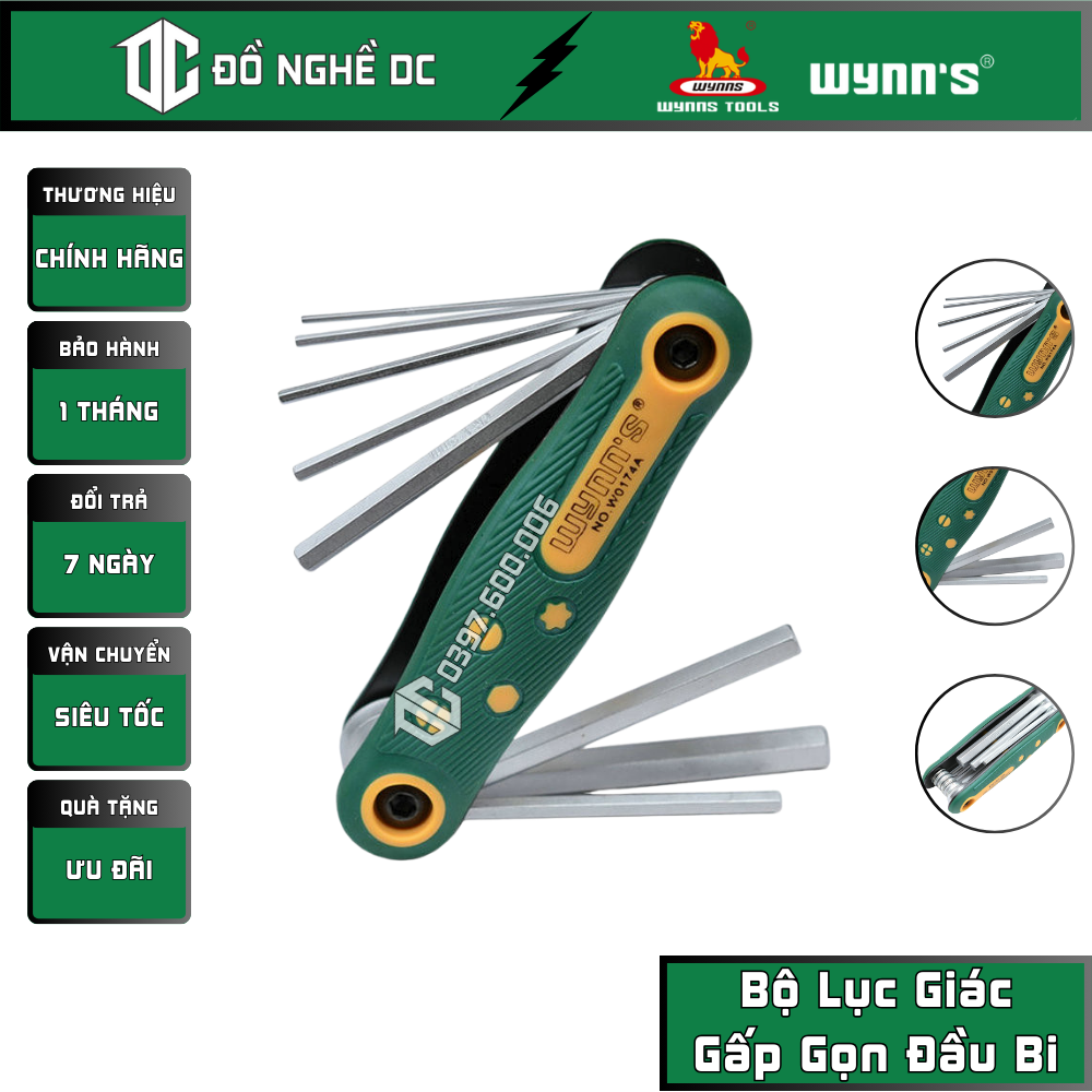 Bộ lục giác gấp gọn, bộ lục giác xếp đầu lục giác 8 chi tiết w0174a wynn's, chất liệu thép cr-v, độ bền cao, chống gỉ sét