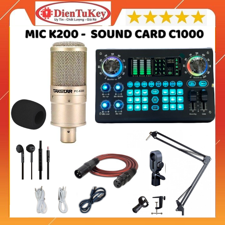 Bộ soundcard c1000, micro takstar pc k200 kèm tai nghe chuyên hỗ trợ nguồn 48v hát autotune , livestream , thu âm