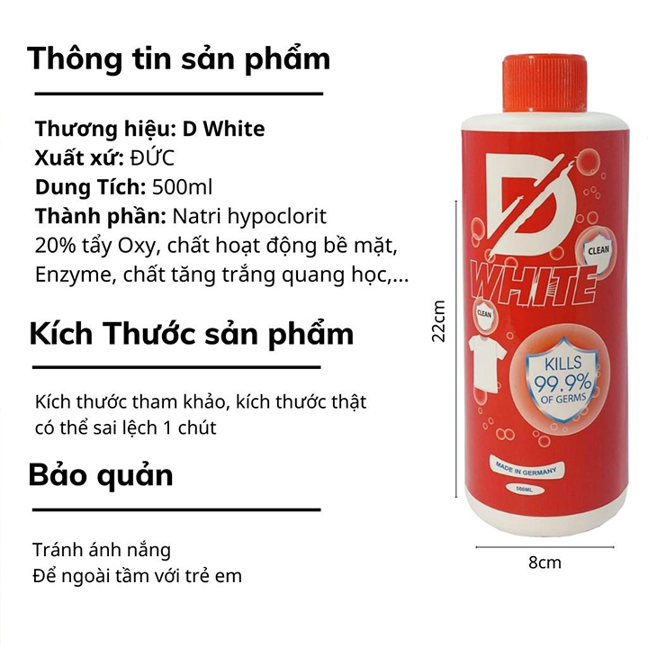 Nước dwhite tẩy trắng quần áo tẩy mốc, ố vàng quần áo, vết bẩn - chính hãng không làm phai màu