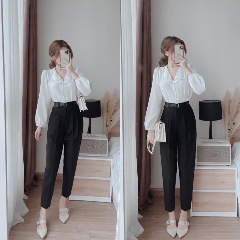 Áo sơ mi kiểu trắng nữ chất lụa phối ngọc sang chảnh A567