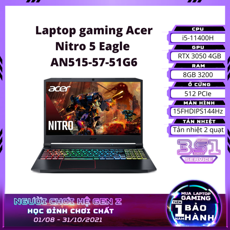 Bảng giá Laptop gaming Acer Nitro 5 Eagle AN515-57-51G6 15FHDIPS144Hz/i5-11400H/8GB 3200/512 PCIe/AX/Win/RTX 3050 4GB/Black/2.2kg - Hàng chính hãng Phong Vũ