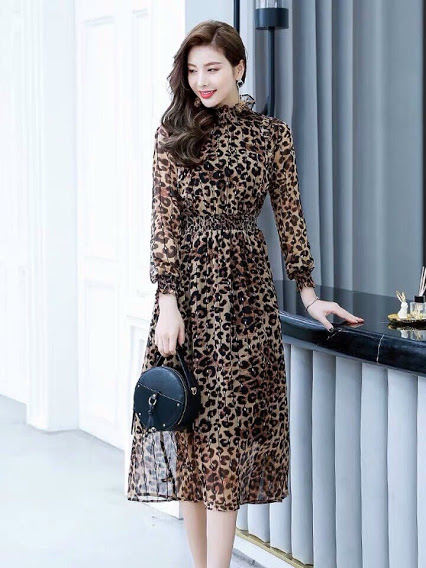 Đầm xòe da beo tay dài