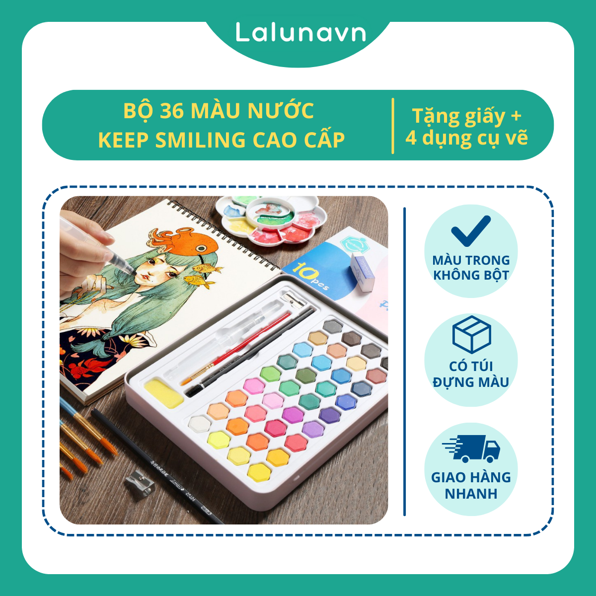 Bộ 36 Màu Nước Keep Smiling màu vẽ tô màu họa cụ dễ thương hạng học sinh Lalunavn
