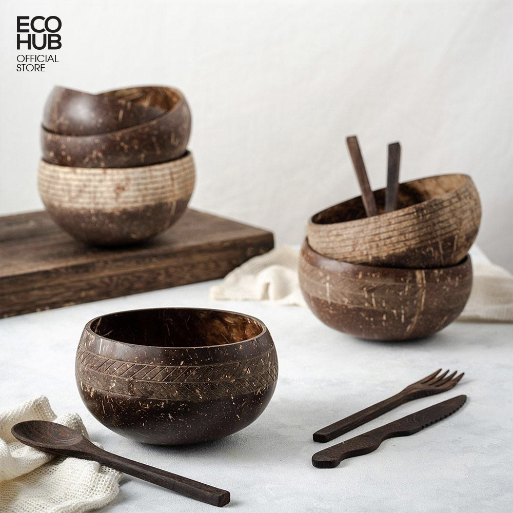 Bát gáo dừa khắc hoa văn, 3 mẫu. (Coconut Bowls Family Set)