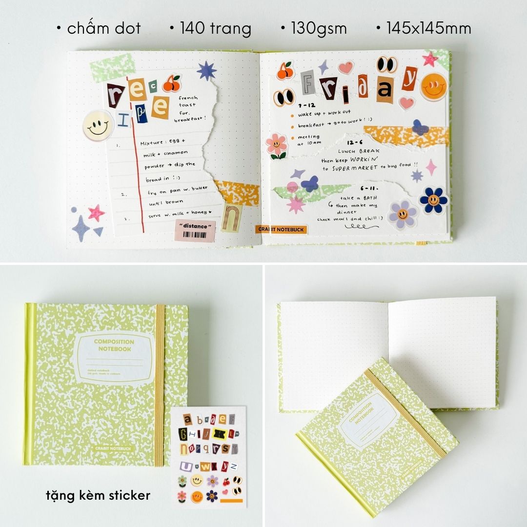 Sổ tay ghi chép công việc học tập Crabit sổ vuông bìa cứng ruột dot grid kẻ ngang weekly planner Composition Collection - Tặng kèm sticker