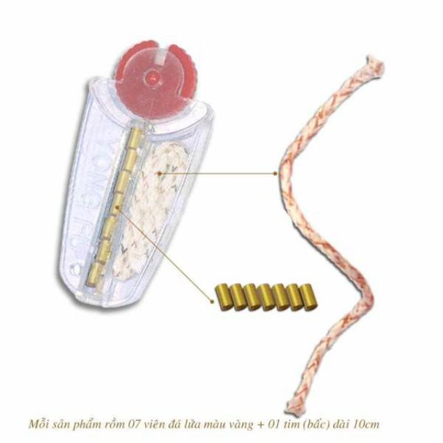 Combo Phụ Kiện Đá Bấc, Bật Lửa, Zip (7 Viên Đá Vàng Và 1 Sợi Bấc)
