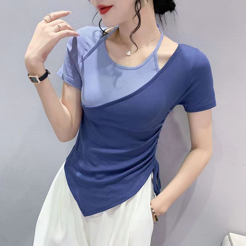 Korean version of the drawstring cotton short-sleeved 2022 new design sense of contrast color stitching strapless halter neck fashion slim top