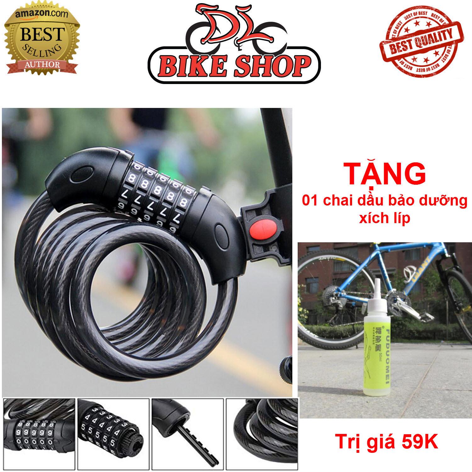 TẶNG 01 chai dầu bảo dưỡng xe đạp TRỊ GIÁ 79K - Dây khóa 5 số chống trộm cho xe đạp, xe máy - Chất liệu thép siêu bền - Dây khoá số, đổi được mật mã, dây dài 80 cm, đường kính dây cáp 1.2 cm, đường kính ổ khóa 2.8cm.