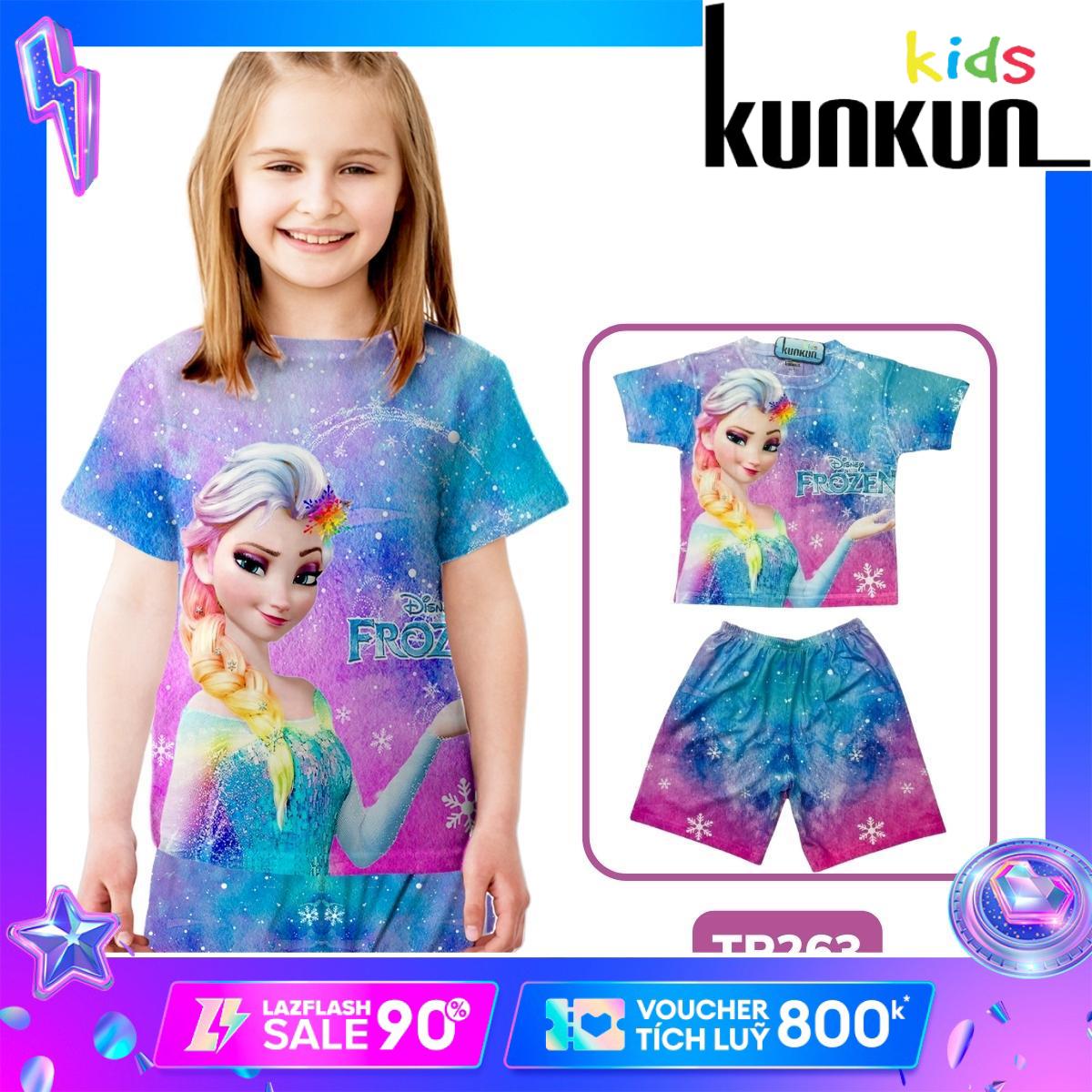Quần áo bé gái hình công chúa Elsa size đại từ 10-60kg cộc tay Kunkun TP263 - Bộ thun lạnh cho bé từ 3-12 tuổi