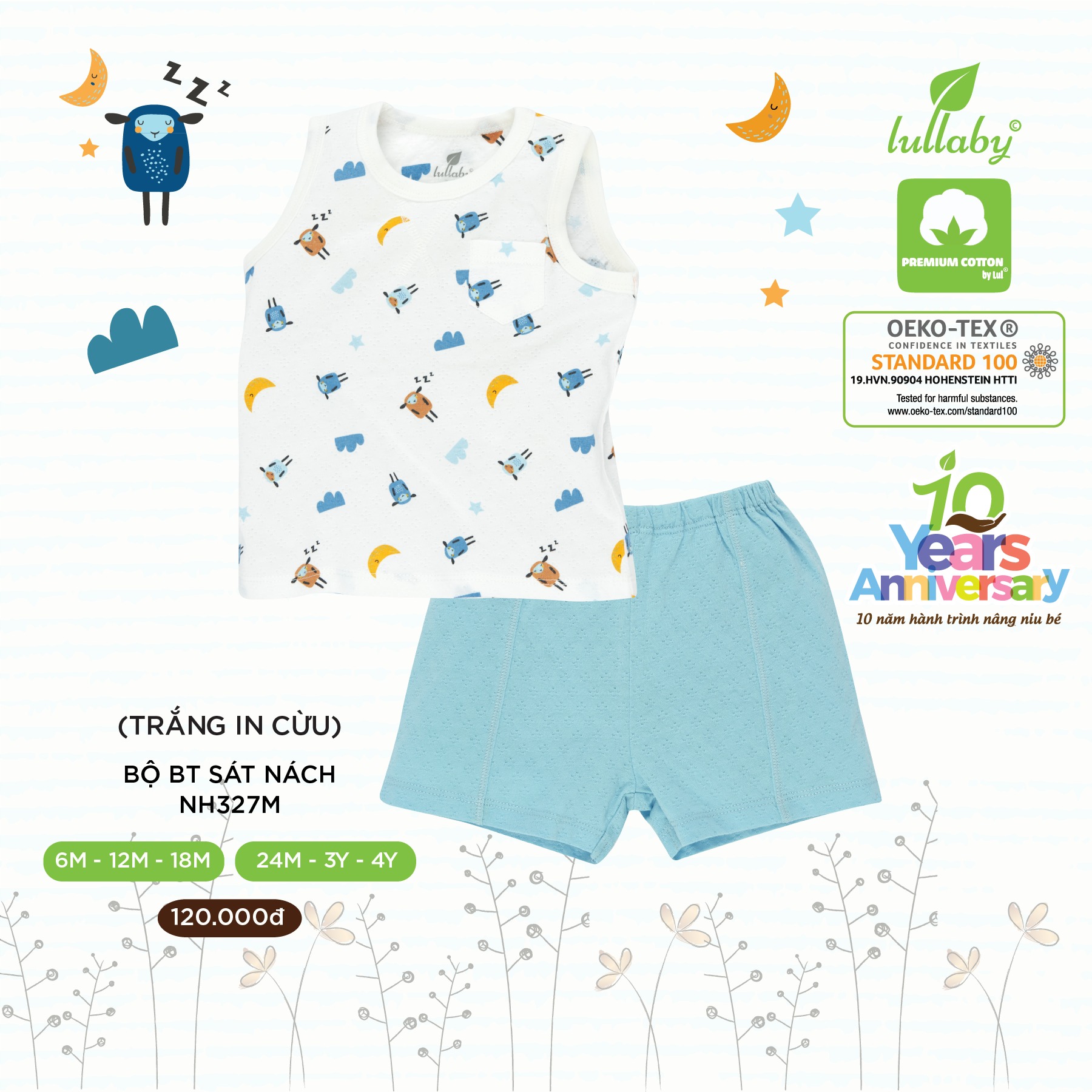 LULLABY-Bộ sát nách vải thở bé trai/bé gái chất liệu Premium 100% Cotton cao cấp