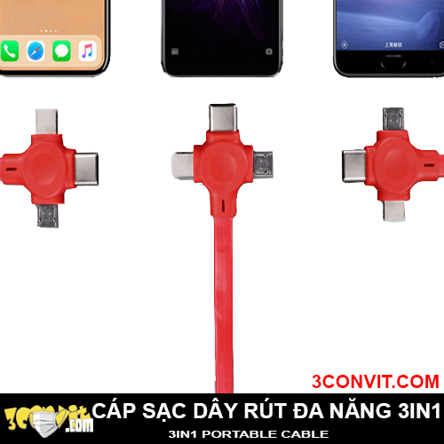 Cáp Sạc USB 3in1 Rút Gọn Đa Năng