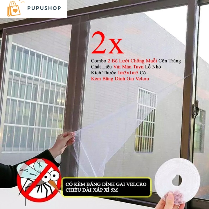 Pupushop [HCM]Combo 2 Bộ Lưới Chống Muỗi Côn Trùng Chất Liệu Vải Màn Tuyn Lỗ Nhỏ Kích Thước 1m3x1m5 Có Kèm Băng Dính Gai Velcro